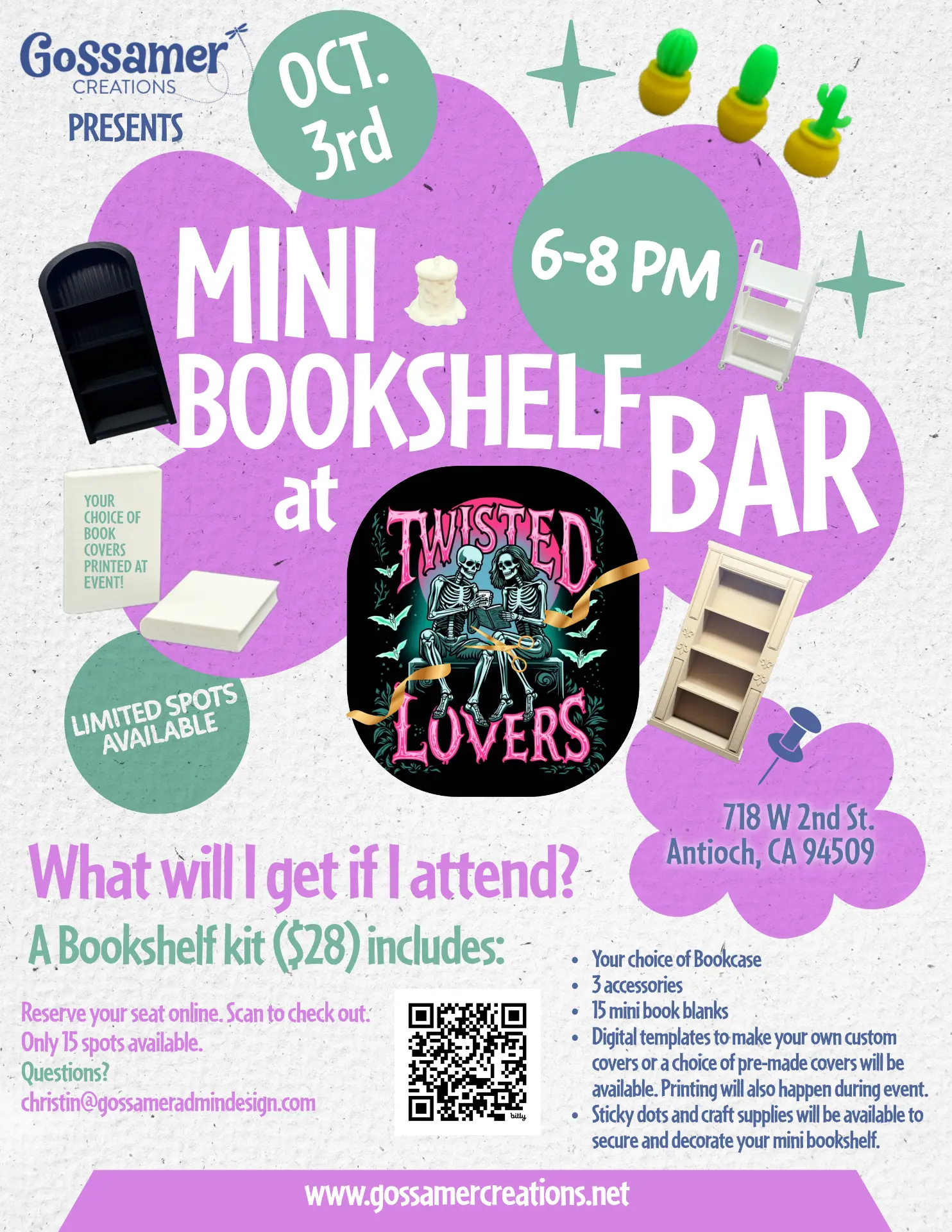 Mini Bookshelf Bar flyer: October 3rd, 6 to 8 p.m. at Twisted Lovers, 718 W 2nd St, Antioch. A $28 kit includes your choice of 3D printed bookcase, 3 accessories, 15 mini book blanks, digital templates for custom covers printed at the event, and craft supplies. Only 15 spots available.